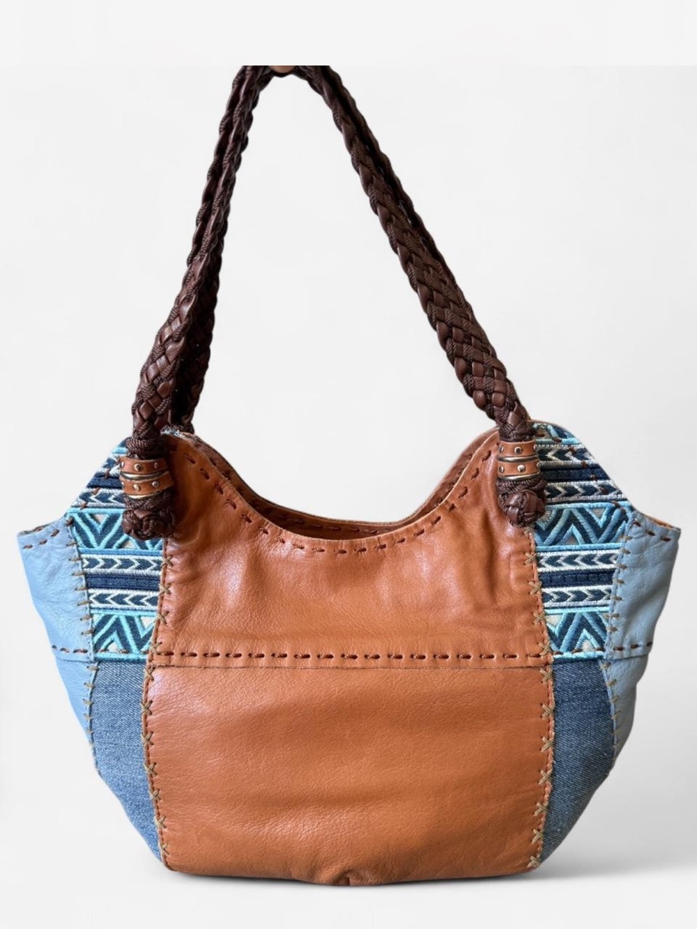 The SAK Indio Leather &
Denim Patchwork Satchel Boho Purse Hobo Shoulder Bag - Picture 3 of 8